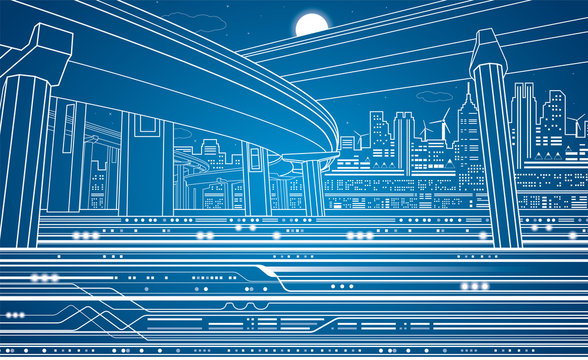Illustration of the night town, the infrastructure of a modern city, urban transport and metro, vector illustration, art and design