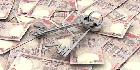 Key to Financial Success, Indian Rupee symbol key on Indian bills. High quality sharp 3d rendering