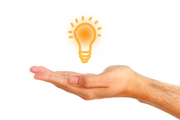 male hand holding writing lamp on white background, idea concept.
