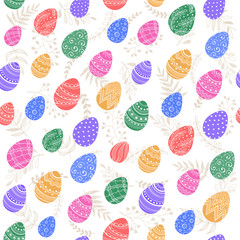 Easter background with eggs with floral elements on white background. Decorative Easter eggs seamless pattern in bright colors. Easter eggs with ornaments.