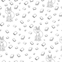 Fun seamless pattern with cartoon books and clever fox in glasse