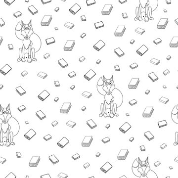 Fun seamless pattern with cartoon books and clever fox in glasse