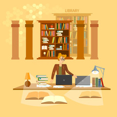 Online library education concept bookcases librarian
