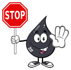 Smiling Petroleum Or Oil Drop Cartoon Character Holding A Stop Sign