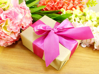 gifts and beautiful bouquet of flowers for mom for mother day or birthday