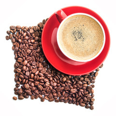Red coffee cup and roasted beans