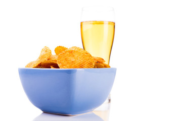 Potato chips with beer isolated