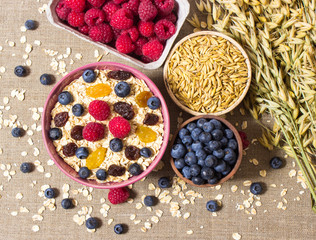 Healthy porridge with fruits on canvas