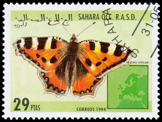 Fototapeta na wymiar Stamp printed in Sahara OCC. R.A.S.D shows butterfly