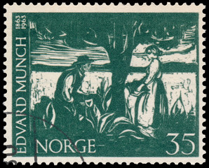 Stamp printed in Norway shows Portrait of Edvard Munch