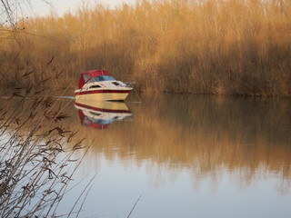 The boat in the Danube Delta in the early spring at sunset