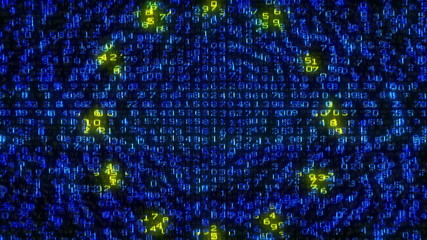 Cyber EU Flag - Digital Data Code Matrix. Camera moving back from extreme close up of the monitor screen, showing European Union flag built of digits. - Powered by Adobe