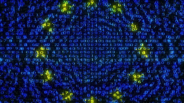 Cyber EU Flag - Digital Data Code Matrix. Camera moving back from extreme close up of the monitor screen, showing European Union flag built of digits.