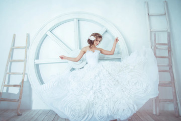 Naklejka premium Actress Liza Arzamasova. Celebrity. Happy Beautiful Bride Girl In Wedding White Dress. Glamour Hairstyle And Makeup.