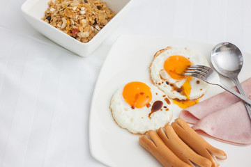 Breakfast in tray on bed