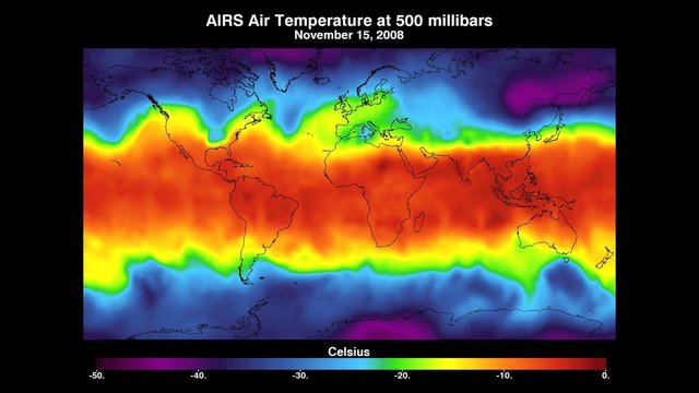 NASA map indicates air temperature over the earth in millibars.
