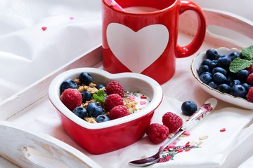 Valentines day breakfast fruits and coffee