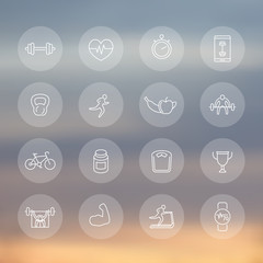 16 fitness icons, training, gym, workout, fitness line icons, transparent set, vector illustration