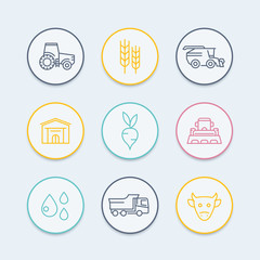 Agriculture, farming line icons, tractor, harvest, cattle, agricultural machinery, agribusiness round color icons, vector illustration