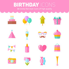 Festive birthday flat icons set