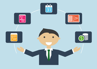 People at work: vector illustration of project manager who manages project plan, budget, tasks