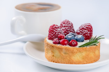 Still cake with fresh raspberries, blueberries and cranberries,