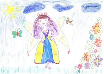 Fototapeta na wymiar Child drawing fairy flying on a flower