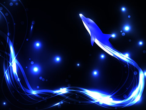 Dark background dolphin and luminous intertwined lines