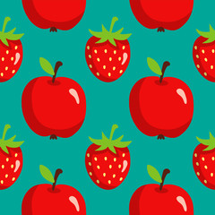Seamless pattern with strawberries and apples 