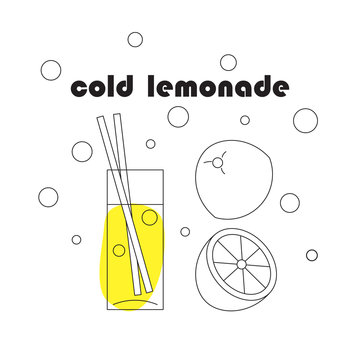 Linear illustration of glass of cold lemonade. Lemons.