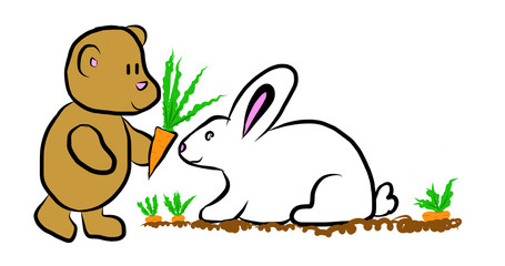 Illustration of a teddy bear feeding a rabbit a carrot