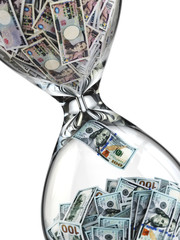 Yen dollar stock exchange concept. Sandglass and banknotes.