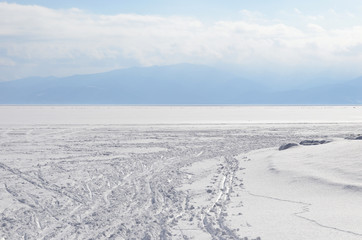 Ski trail through Lake Baikal in winter