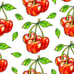 Cherry sweet on a white background. Seamless pattern for design. Animation illustrations. Handwork