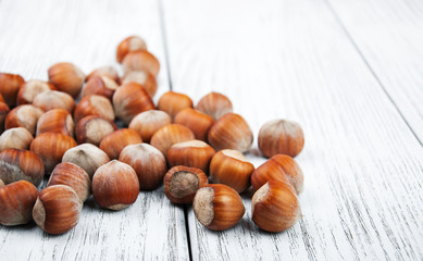 hazelnuts on a wooden table