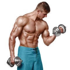 Fototapeta na wymiar Muscular man working out doing exercises with dumbbells at biceps, strong male naked torso abs, isolated over white background