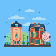 Naklejka premium European City Urban Landscape with Vintage Houses and Trees