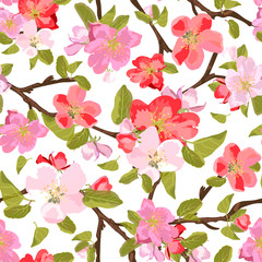 Abstract seamless pattern with isolated hand drawn flowers on branches. Blooming garden. Sakura.