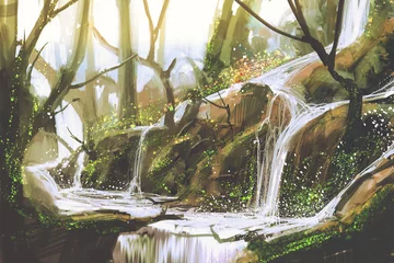 Fototapeten waterfall in forest,illustration painting © grandfailure