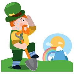 A man with a shovel in a green suit. Fortune Seeker. The festive character in cartoon style. Congratulations to the St. Patrick's Day.