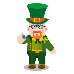 A man with a violin and a tablet in a green suit. The festive character in cartoon style. Congratulations to the St. Patrick's Day.
