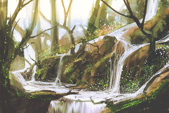 Fototapeta waterfall in forest,illustration painting