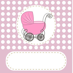 Baby shower girl announcement, baby carriage invitation with abstract flowers, vector illustration background
