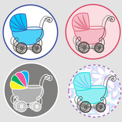 Fototapeta na wymiar Baby shower girl announcement, baby carriage invitation with abstract flowers, vector illustration background