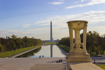 Lincoln Memorial urn & daybreak view of the western side of the National Mall looking eastwards towards the Washington Monument, Washington DC