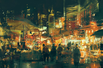 digital painting of people walking in the market at night