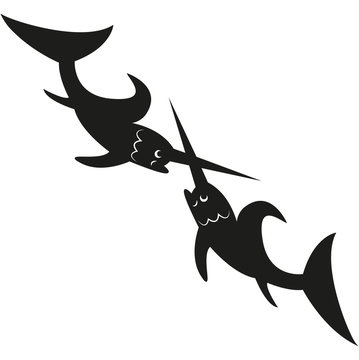 Swordfishes silhouette fighting vector isolated on white, silhouette di pesci spada vettoriali che combattono isolate su sfondo bianco