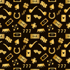Seamless vector pattern of gold casino icons on a black backgrou