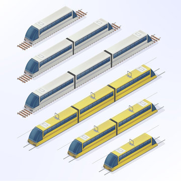 Trains and Trams Isometric Set. Modern Urban Passenger Transport