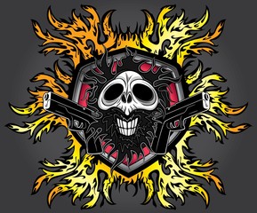 horror human skull with pistols and fire flames background